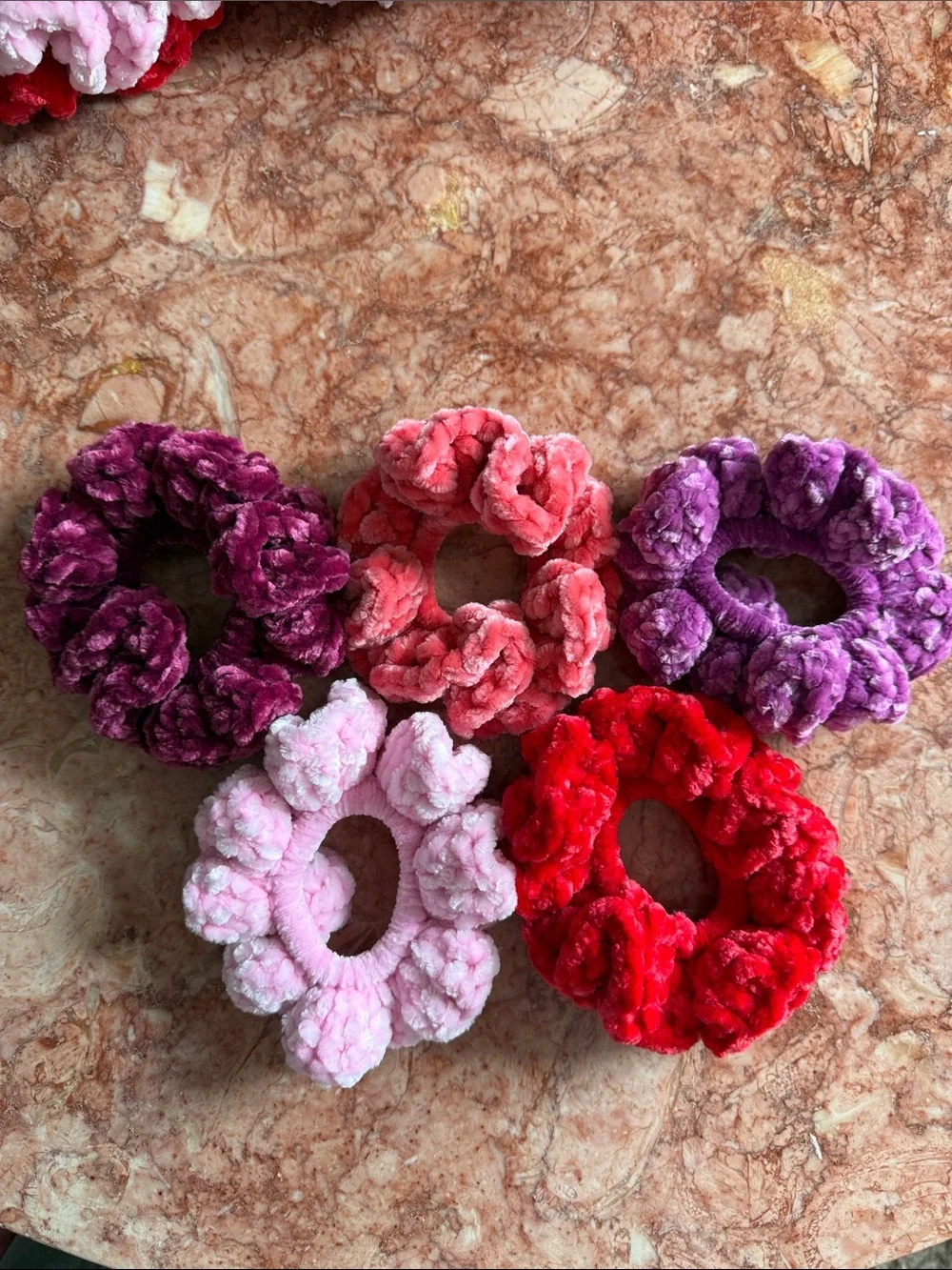 Plush Handmade Crochet Scrunchies Set - Pink, Red, Purple, Coral, Plum
